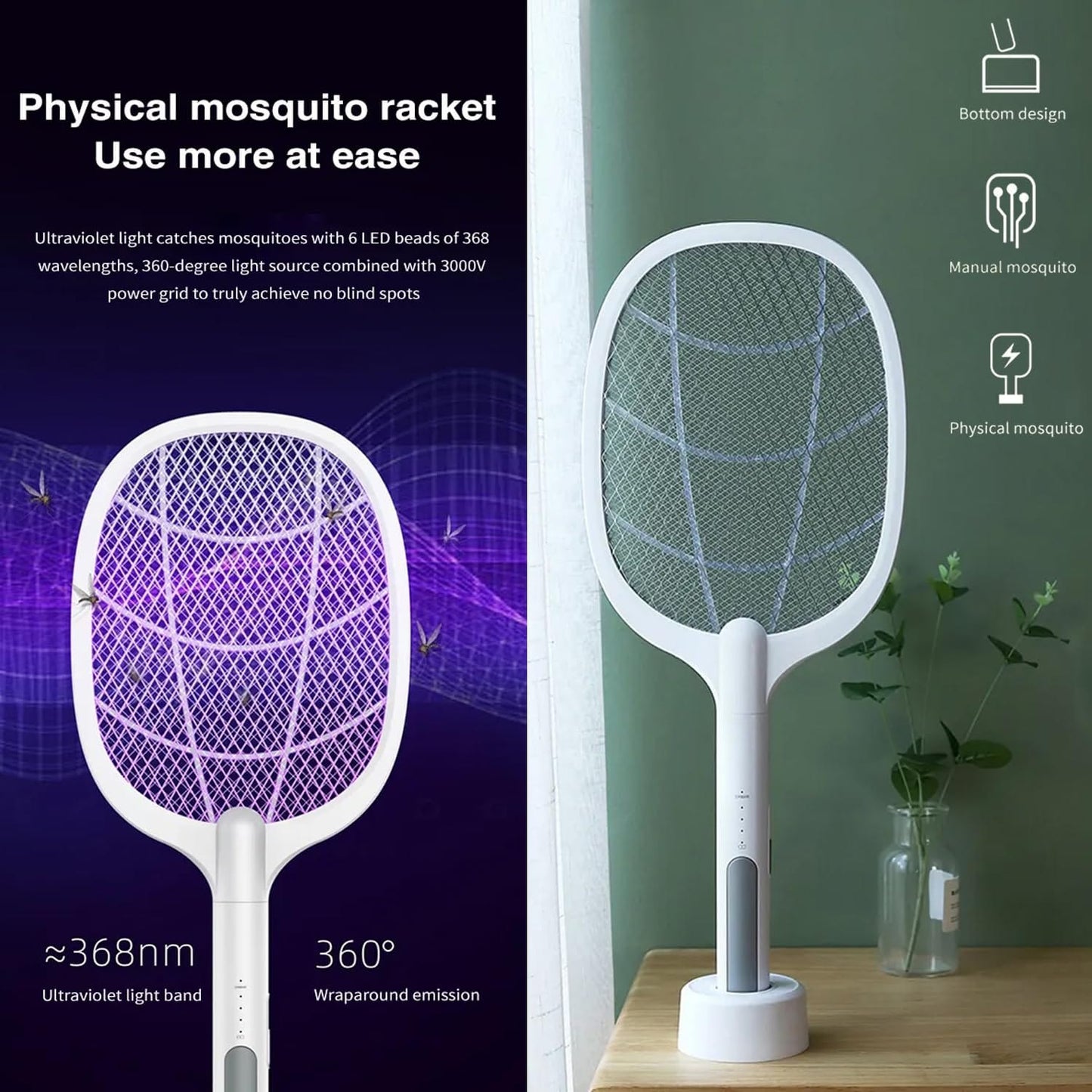 USB Rechargeable Mosquito Killer Racket, 2 in 1 Mosquito Lamp With LED Light & Charging Stand 2...