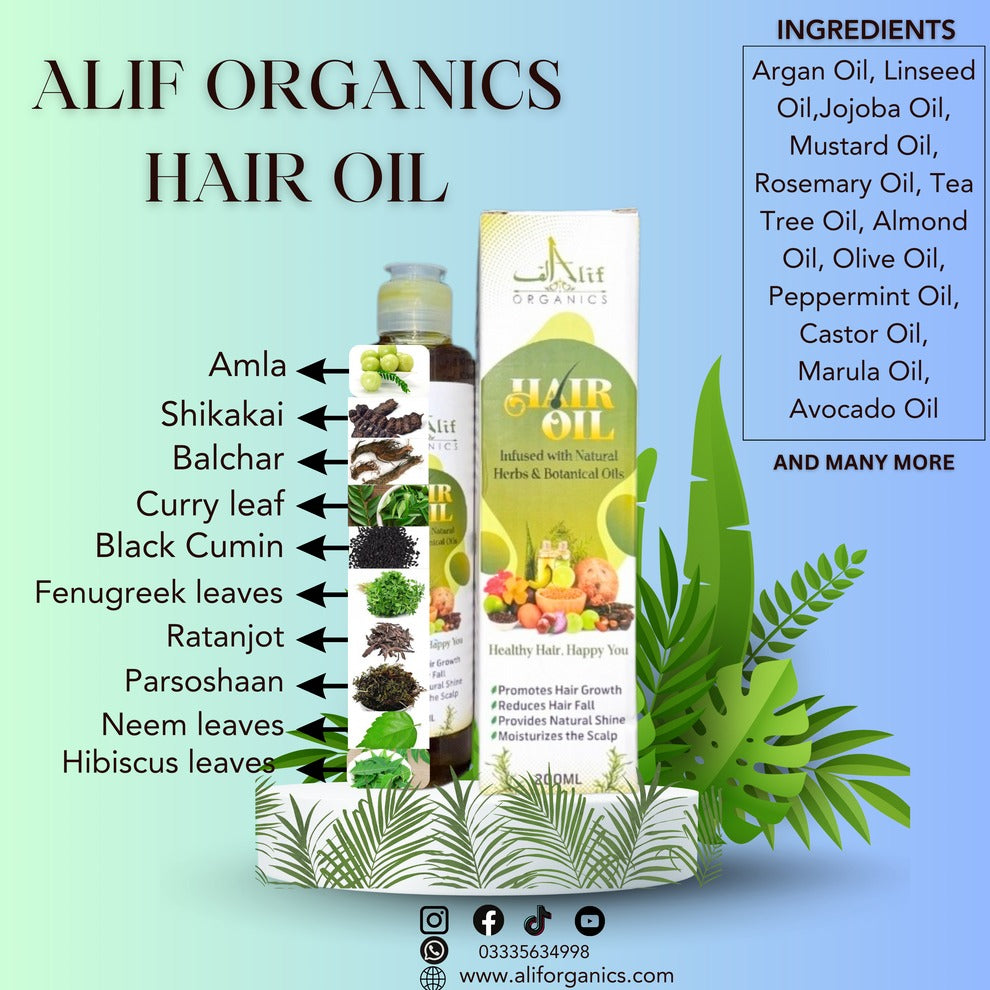Alif Organics Natural Hair Oil | Infused with Herb & Botanical Oils | Promotes Growth & Reduces Hair Fall | 200ML