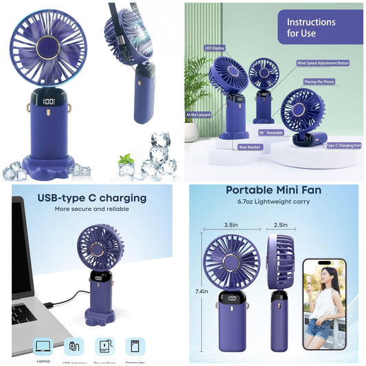 Digital Display Portable Mini Fan – 5-in-1 Multipurpose USB-C Rechargeable Handheld Fan - With Cable