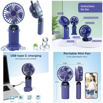 Digital Display Portable Mini Fan – 5-in-1 Multipurpose USB-C Rechargeable Handheld Fan - With Cable