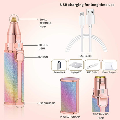 2-in-1 Rechargeable Eyebrow & Facial Hair Remover for Women | Painless Electric Hair Trimmer with LED Light