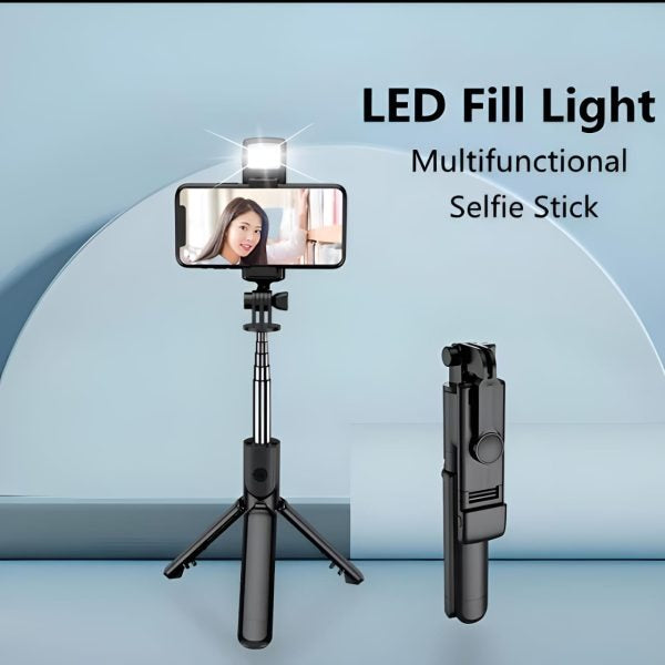 R1S Multifunctional Wireless Selfie Stick Tripod – Extendable Handheld Monopod - With Light
