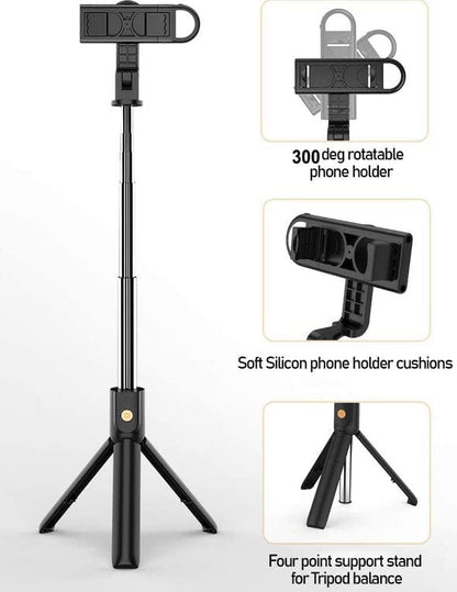 R1S Multifunctional Wireless Selfie Stick Tripod – Extendable Handheld Monopod - With Light
